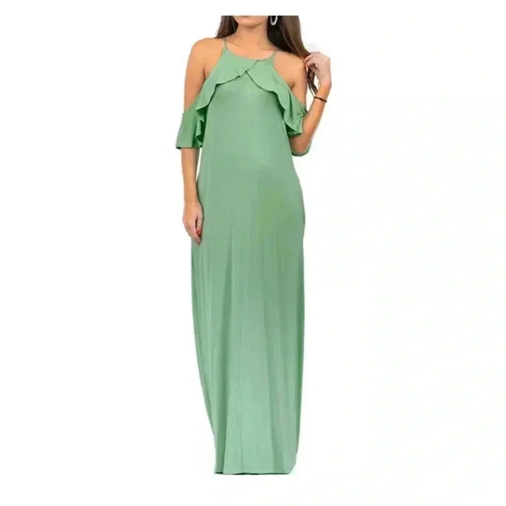 🆕Bee Uniq Dusty Green Ruffle-Accent Cold Shoulder Maxi M🆕